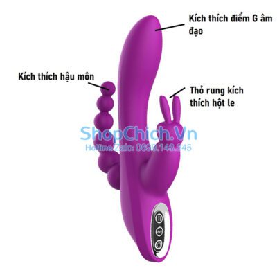 máy rung chem chép Dương vật giả 3 nhánh có kích thích hậu môn và hột le